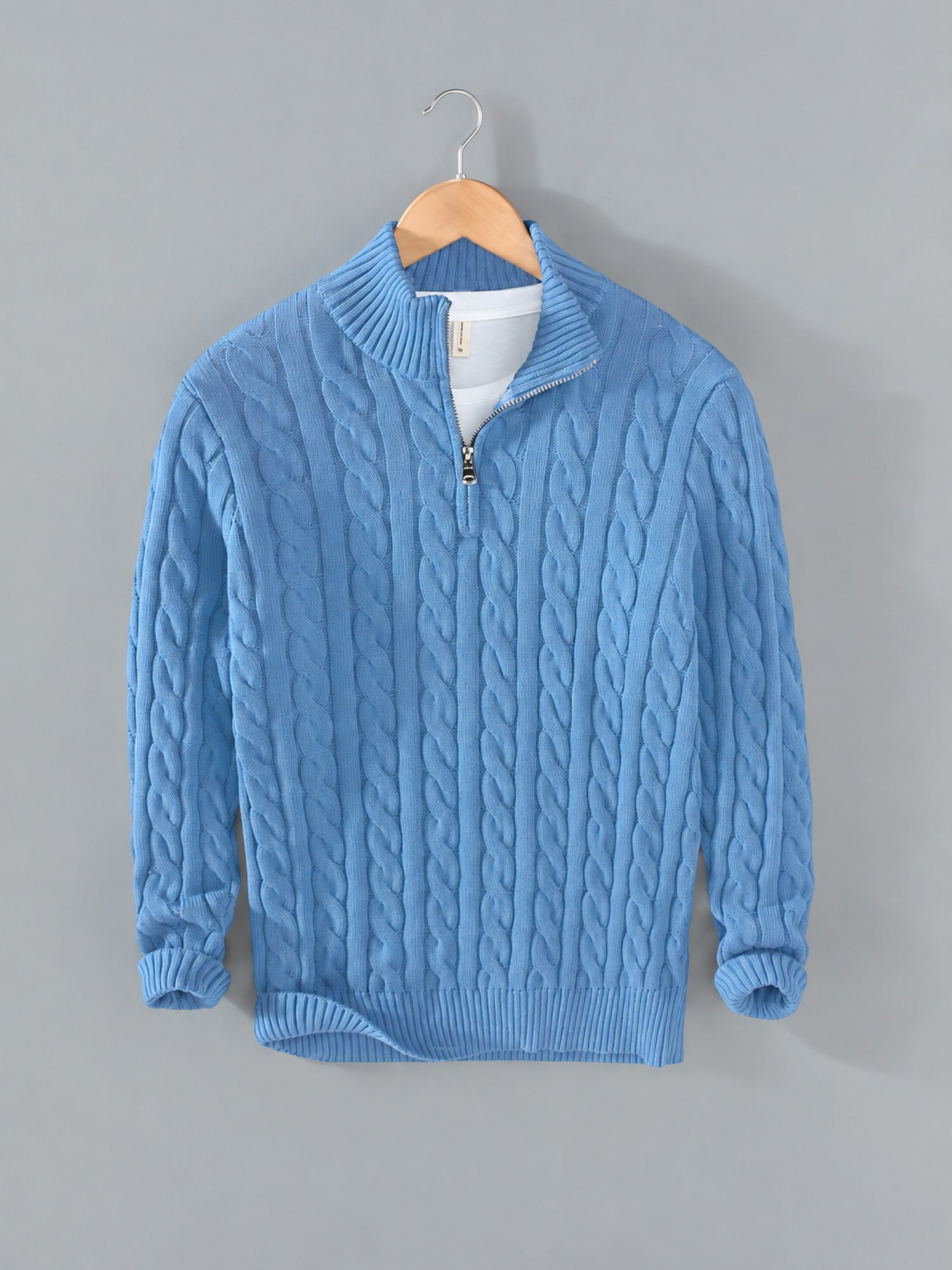 Cable Knit Quarter-Zip Sweater – Men – Light Blue – front